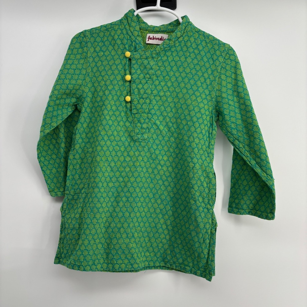 Fabindia Kurta‎ Kids 2-3 Years Green Cotton Long Sleeve Button Ethnic Tunic Top